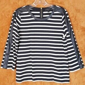 J CREW Top Womens Small Black White Stripe Faux Leather Zip Back 3/4 Sleeve